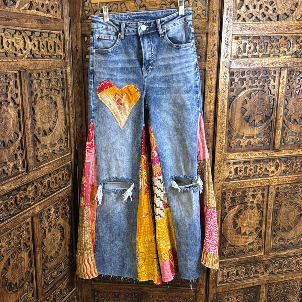 Upcycled Kantha handmade patchwork flare denim Jeans